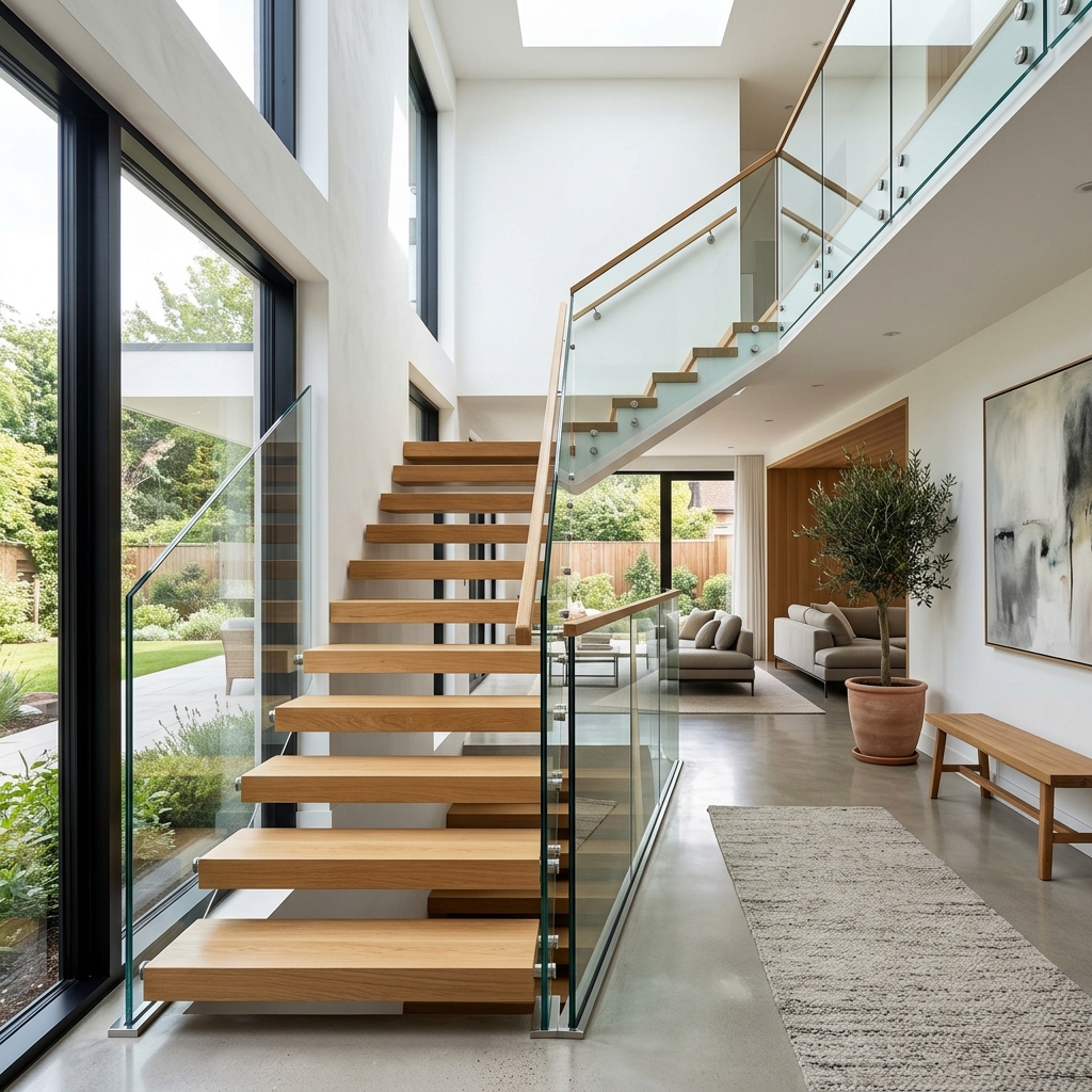 Clear tempered glass frameless staircase railing in a luxury home with natural light