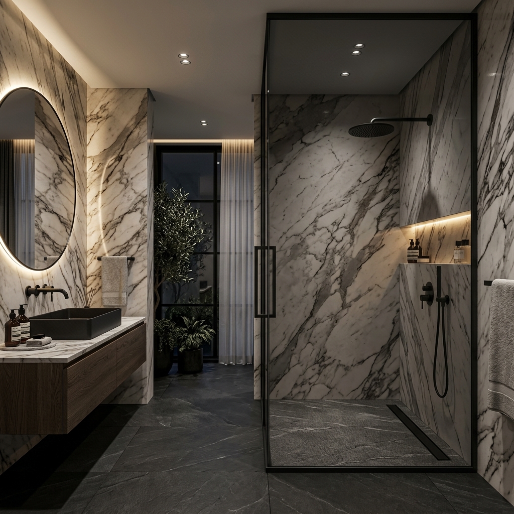 Dark Grey tempered glass shower enclosure in a modern luxury bathroom with marble walls