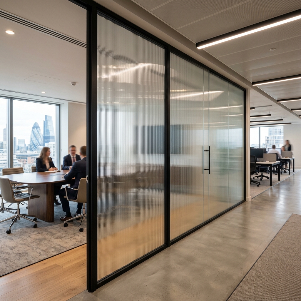 Reeded textured tempered glass office partition with vertical ribbed pattern in modern corporate interior