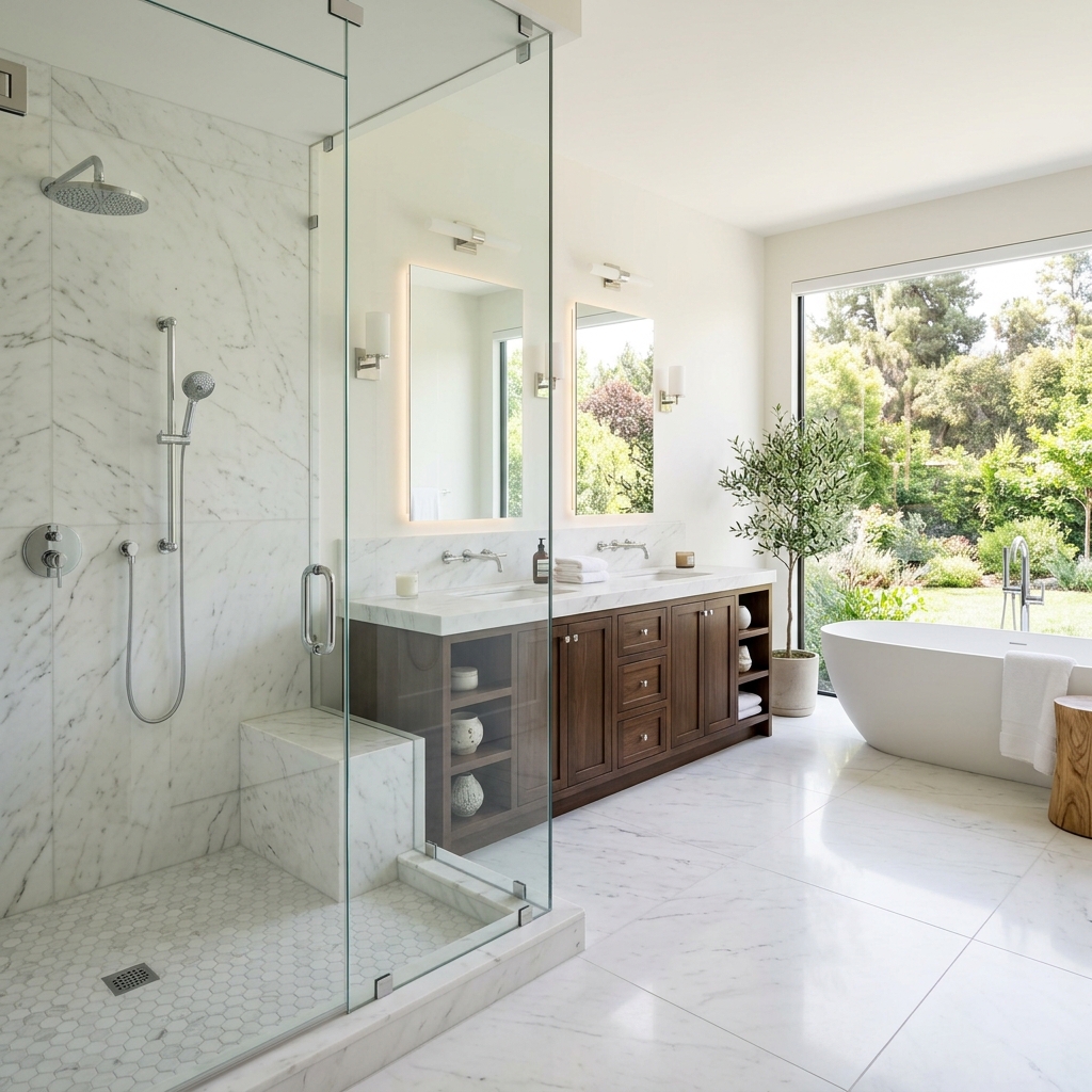 Ultra Clear tempered glass frameless shower door in a bright modern bathroom with marble